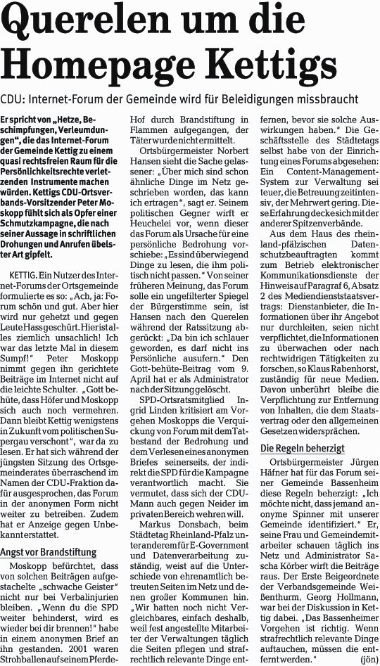 Querelen um die Homepage Kettigs